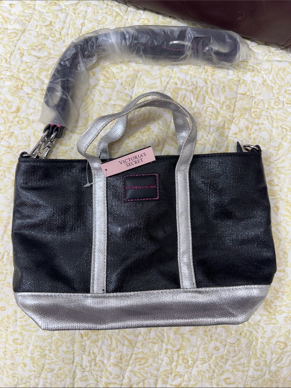 Victoria's Secret Black and Silver Metallic Trim Tote